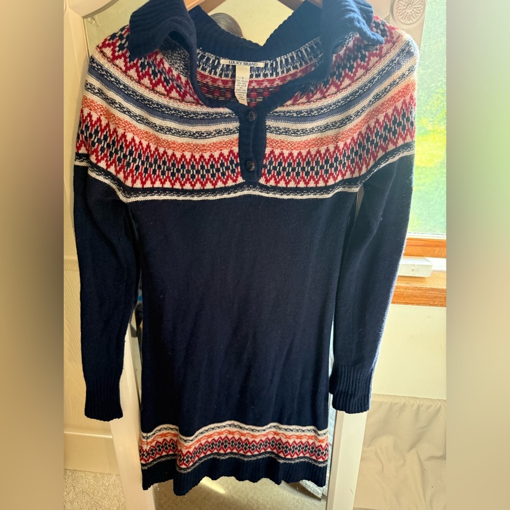 Lucky Brand Sweater Dress size S Fair Isle Navy Red White Wool Rabbit Hair